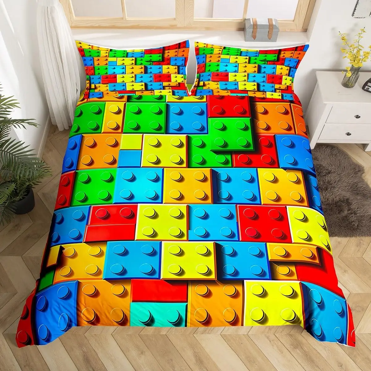 Building Block Duvet Cover Twin King Rainbow Construction Bedding Set Colorful Bricks Comforter Cover for Teen Girls Room Decor