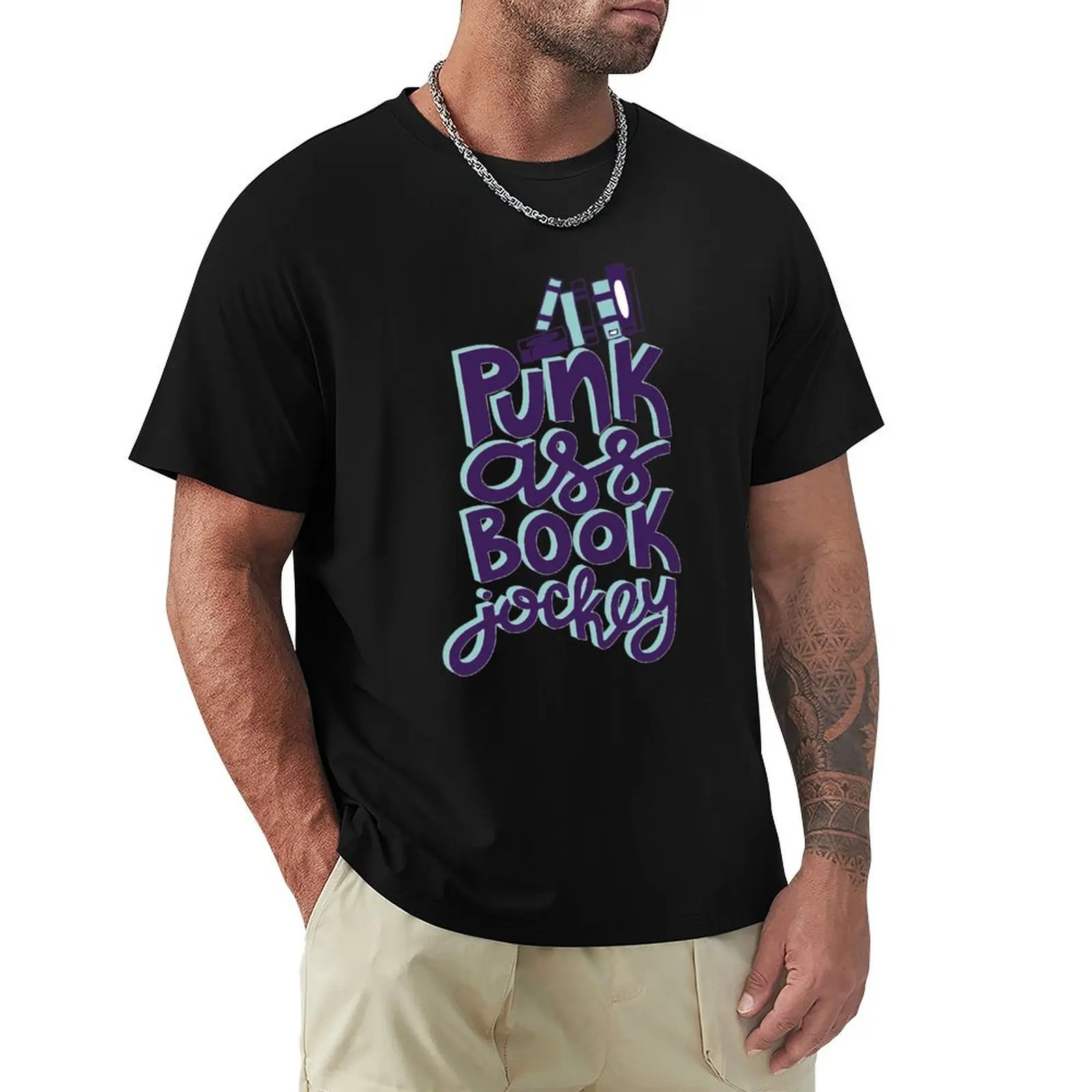 Punk Book Jockey Librarian Funny Design T-Shirt Worker Basic Short Sleeve Tee