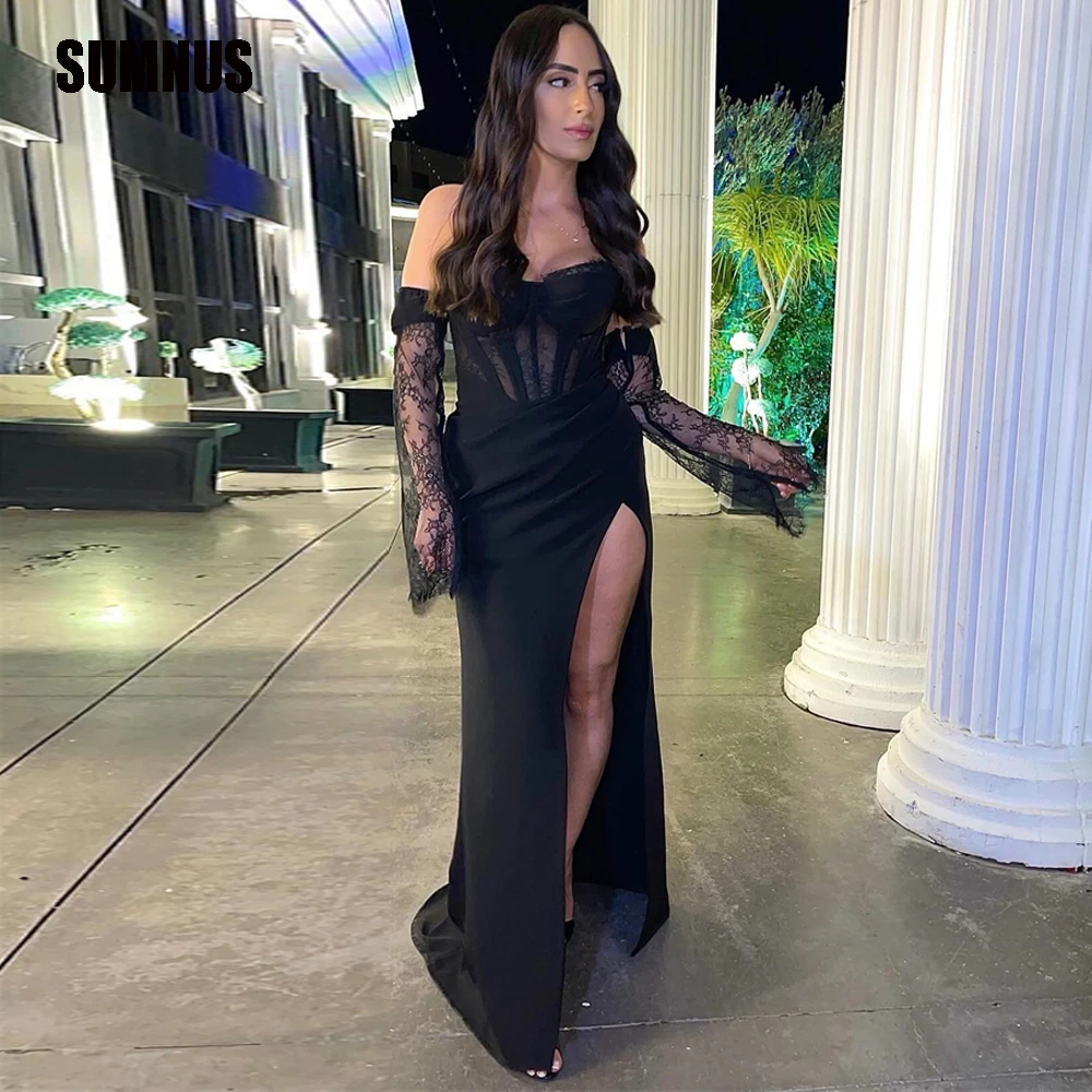 

SUMNUS Sexy Black Satin Prom Party Dress Detachable Long Sleeve Formal Night Event Gowns High Split Evening Dresses Vestidos