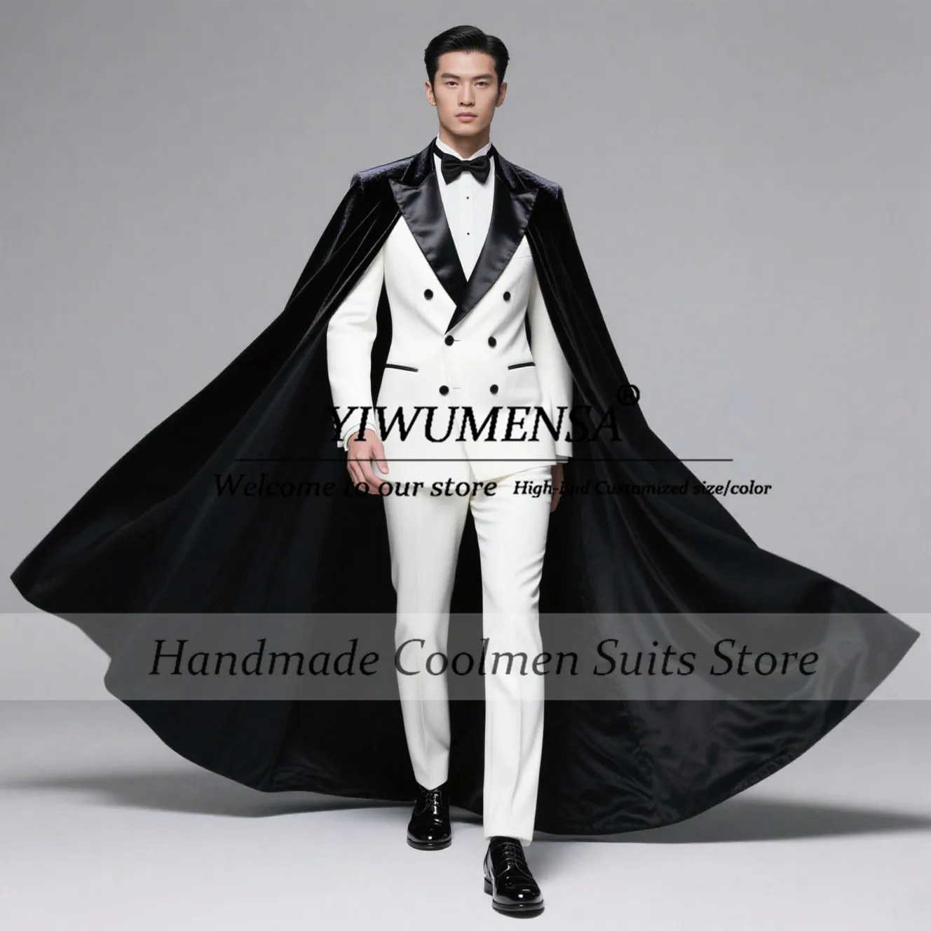 

Classic Groom Wedding Tuxedos Customized costume homme Double Breasted Blazer With Cape Male Fashion Suits Men 2 Pieces Sets
