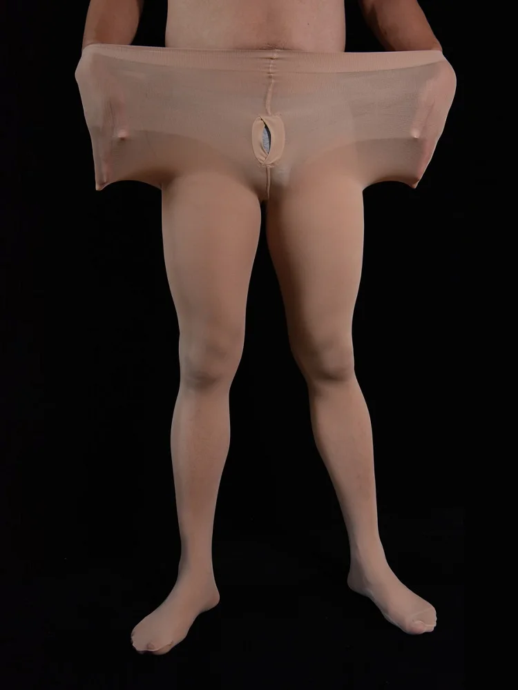 

80D Men's Sexy Warm Stockings with U Convex Pouch Sheer Shiny Glossy JJ Sets Open Close Sleeve Tight Pantyhose plus Size