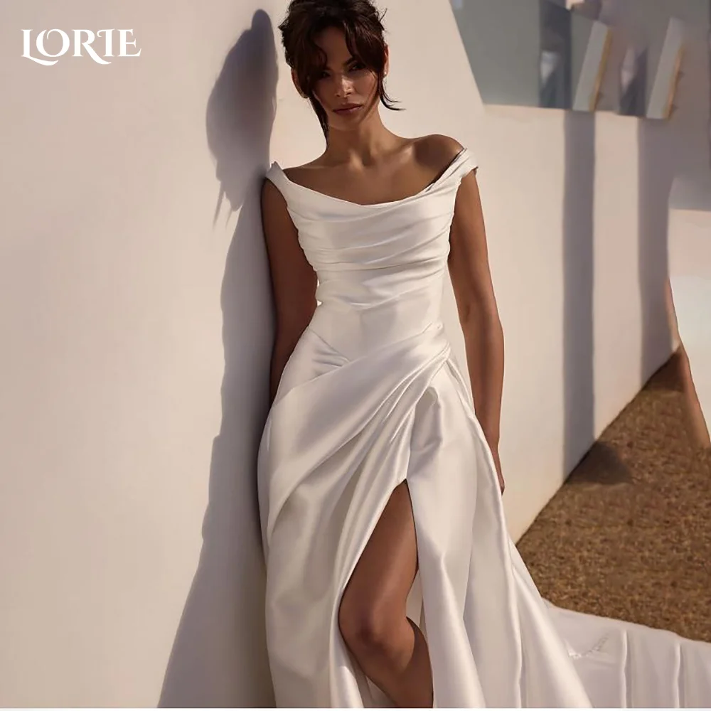 Suknia ślubna muzułmańska LORIE, błyszcząca, z odkrytymi ramionami, satynowa suknia ślubna, szyta na miarę, linia A, długość do podłogi, suknia dla panny młodej, suknia saudyjska, suknia dubajska, model 2026