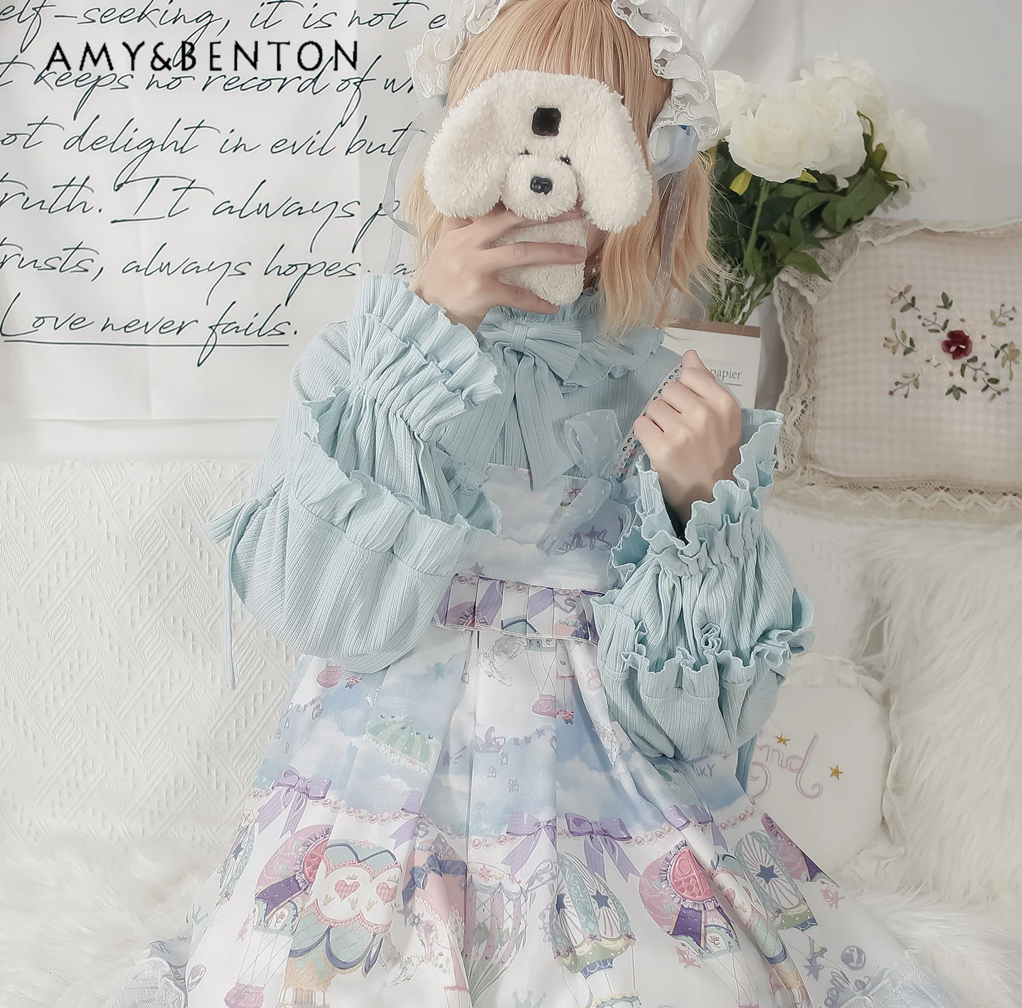 Autumn Winter New Sweet Puff Sleeve Knitted Top Japanese Cute Ruffled Bow Lace-up Long Sleeve Sweater All-Match Lolita Pullover