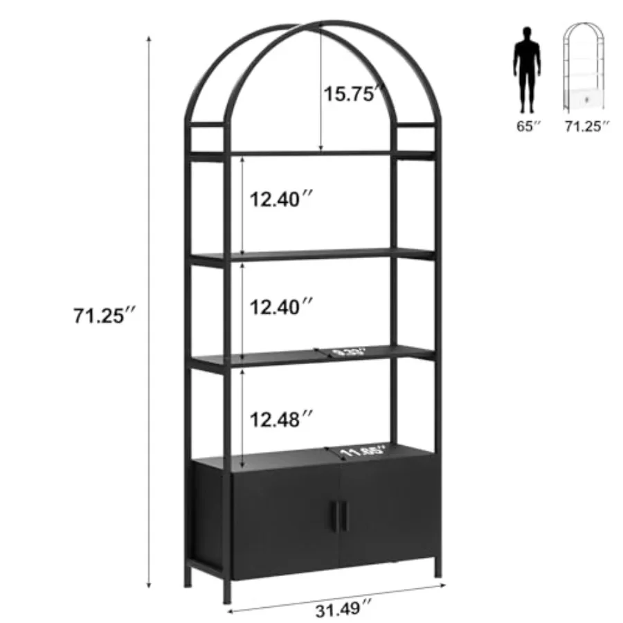 Arched bookshelf for living room, metal and E1 board, black, industrial style with sturdy frame and door storage