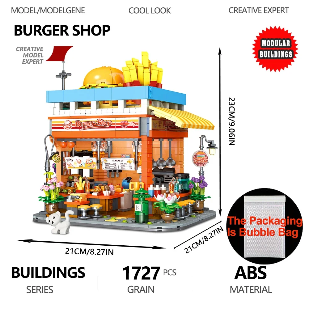 Blocs de construction de magasin de hamburgers créatifs, vue sur la rue, ensembles d'assemblage modulaires MOC, décoration de bureau, idées de modèles, jouets cadeaux pour enfants