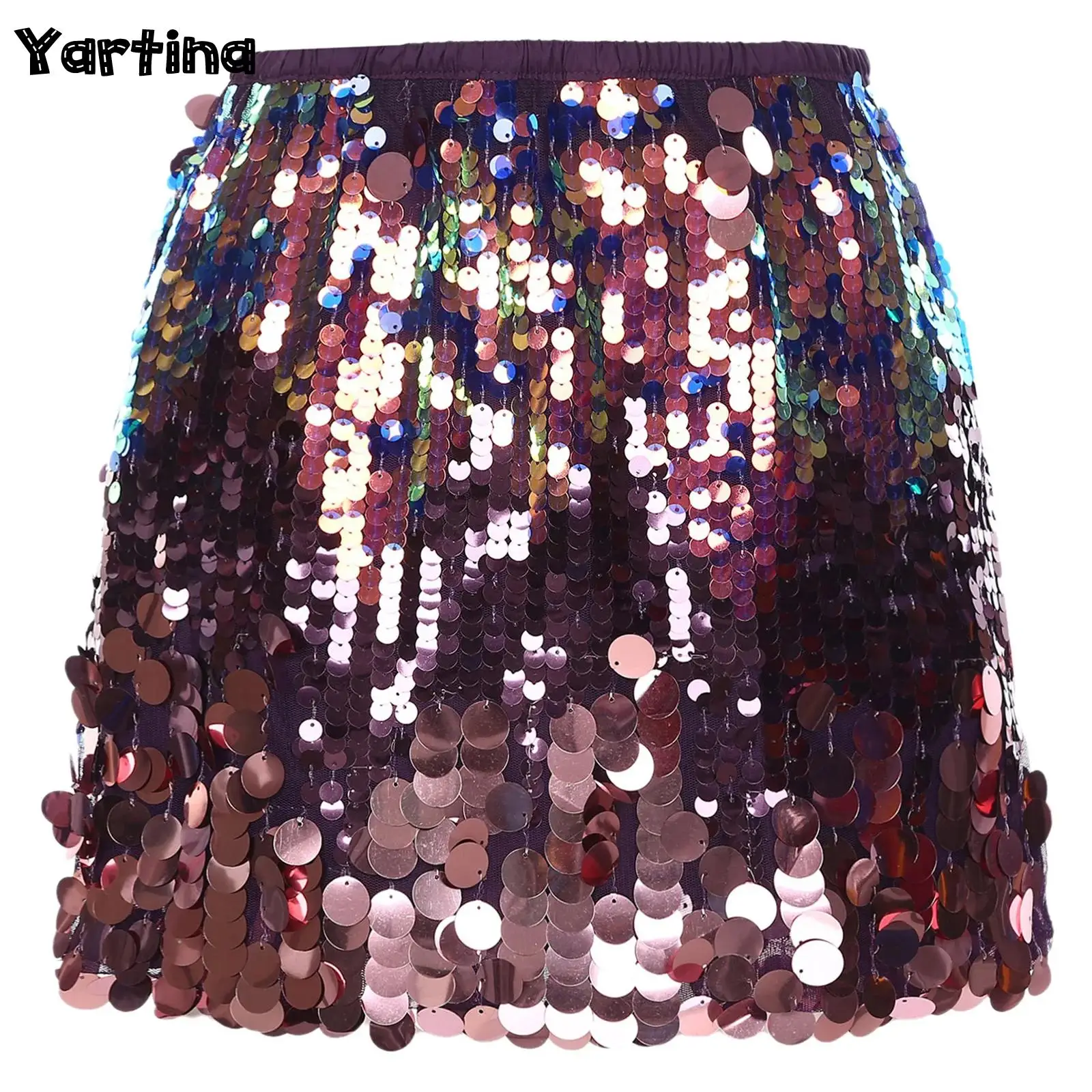 

Womens Sparkling Sequins Mini Skirt Elastic Waistband Gradient Color Bodycon Skirts for Party Club Dance Performance Costumes