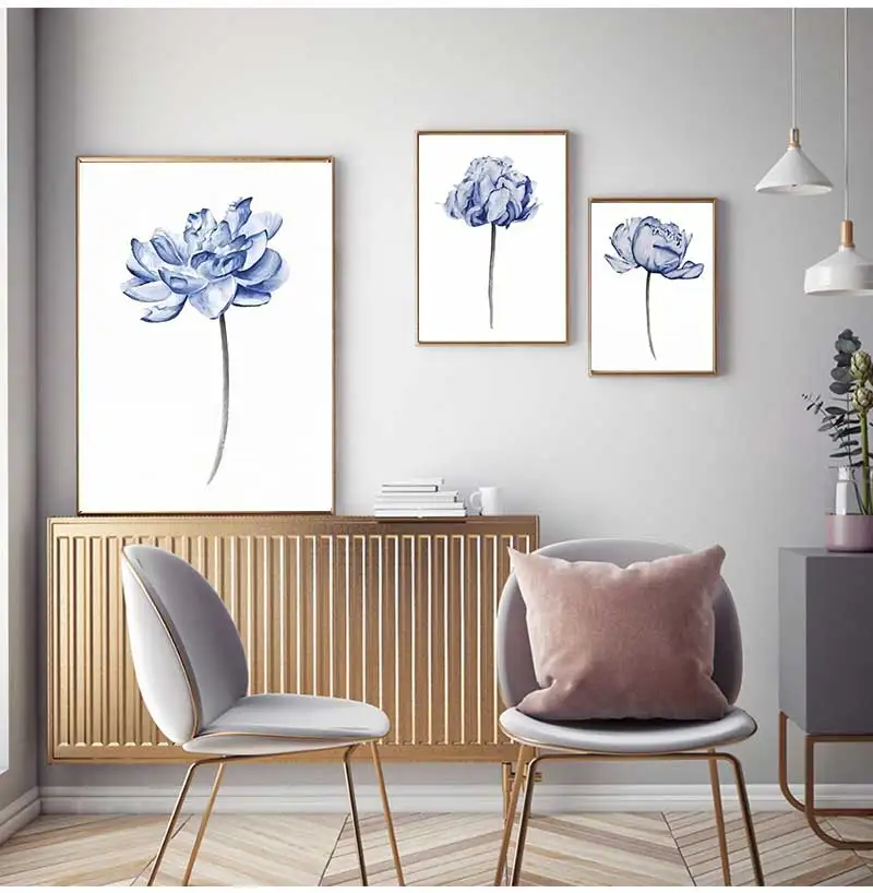 3pcs/Set Abstract Blue Peony Blue Flower Canvas Poster Wall Art Bohemian Minimalist Livingroom Home Decoration Painting Pictures