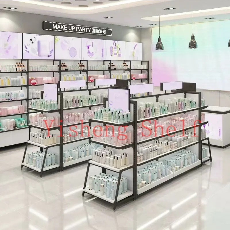 Custom.New Design الثقيلة لامع سوبر ماركت مستحضرات التجميل الرف ماكياج عرض موقف الجمال العناية بالبشرة رف شاشة متجر البيع بالتجزئة