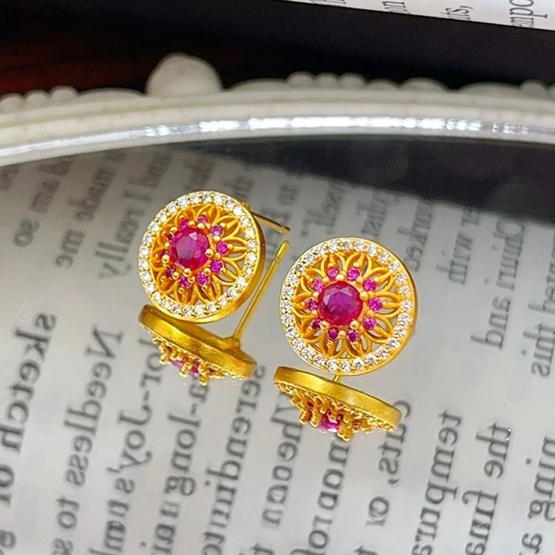 Real 14kt Gold Color Red Zircon Hollowed-out Window Flower Earrings for Women Stud Earring Jewelry Wedding Engagement Gifts