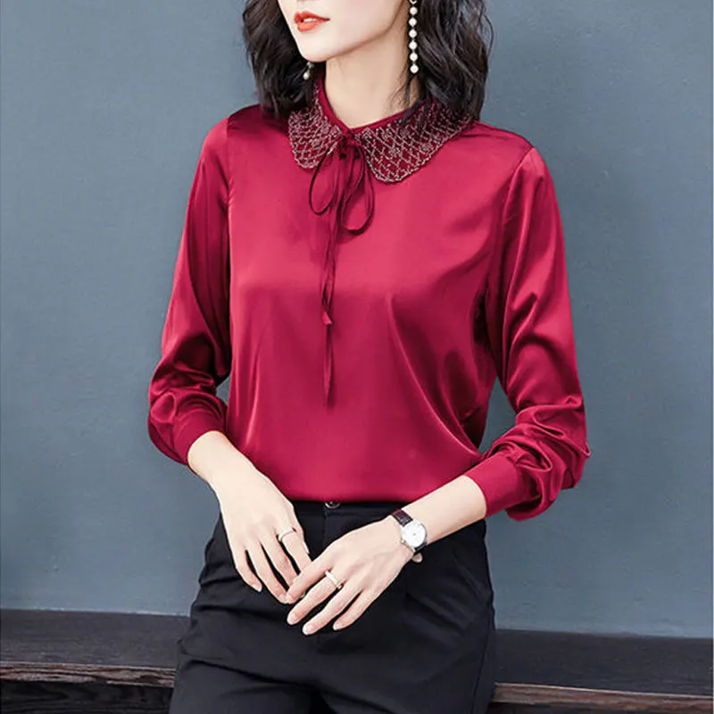 Fashion Peter Pan Collar Beading Shirt Commute Drawstring Women\'s Clothing Spring Autumn Solid Color All-match Straight Blouse