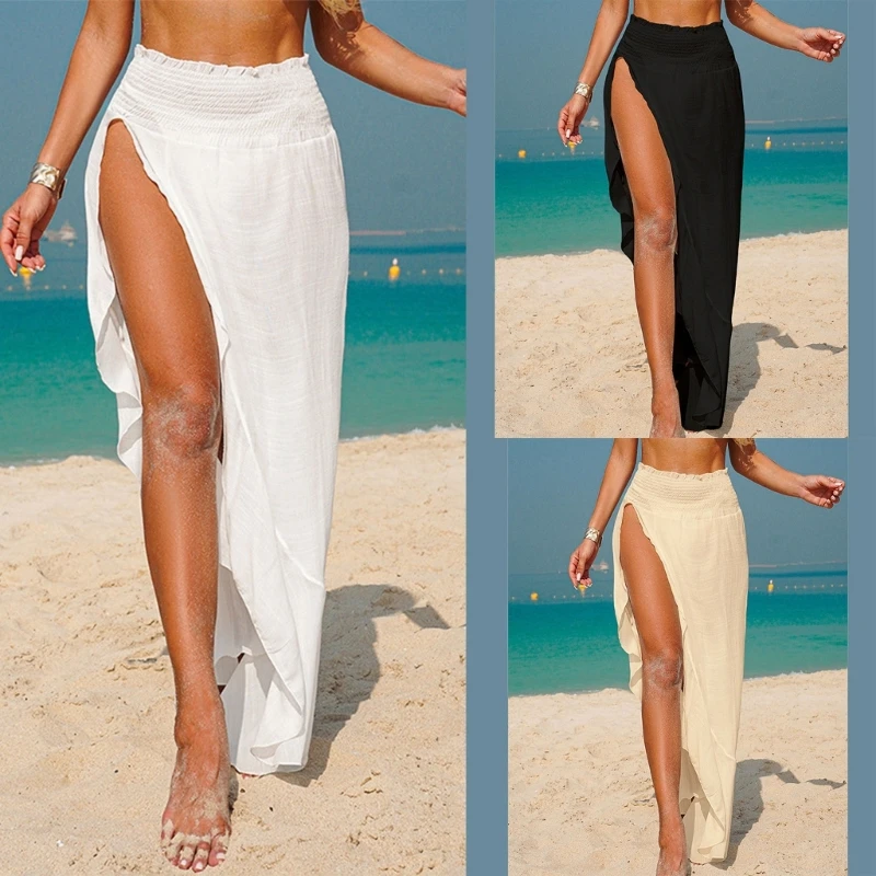 Women Swimsuit Coverup Skirt with Elastic Waist Side Slit Ruffled Beach Dress Bathing Suit Coverup for Beach Vacation 69HD