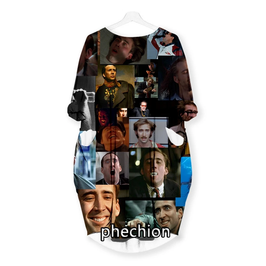 phechion New Fashion Nicolas Cage 3D Print Dresses Casual Mid-length Dress Women Clothing Pocket Long Sleeve Tops T57