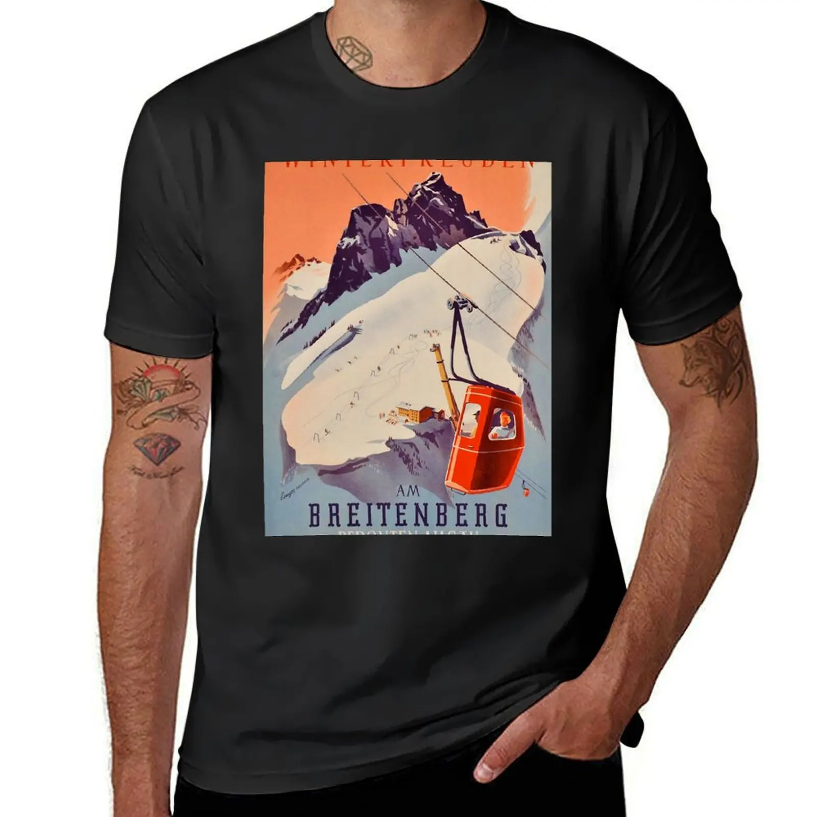 Vintage German Gondola Sport Ski Travel poster T-Shirt tees sports fans quick-drying tshirts for men