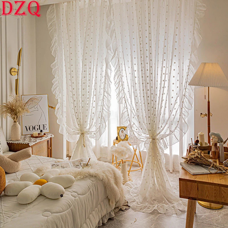 

Idyllic White Snow Hairball Lace Window Tulle Curtain Living Room Warp Ruffled Rural Gauze Door Curtain for Kitchen Bedroom 220