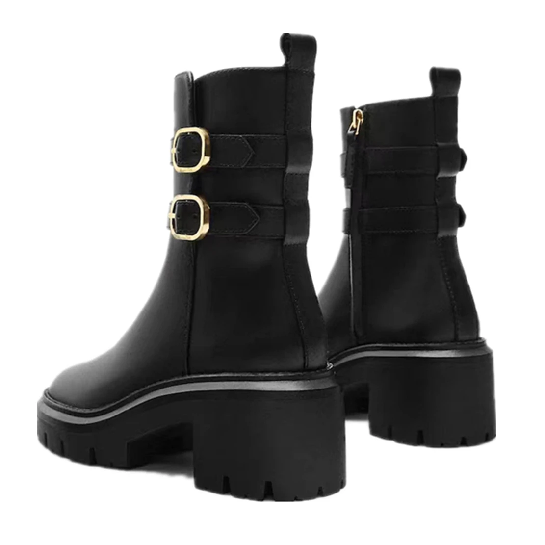 Withered Thick Heel High Rise Ankle Boots Winter Zipper Leather Short Boots Thick Bottom Belt Buckle Motorcycle Boots Women's