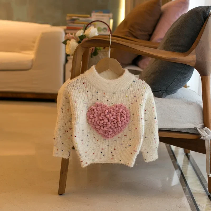 

Autumn Winter Girls' Fashion Sweater 3D Heart Shaped Colorful Sand Effect Soft Knit Crew Neck Kids' Warm Long Sleeved Clothes