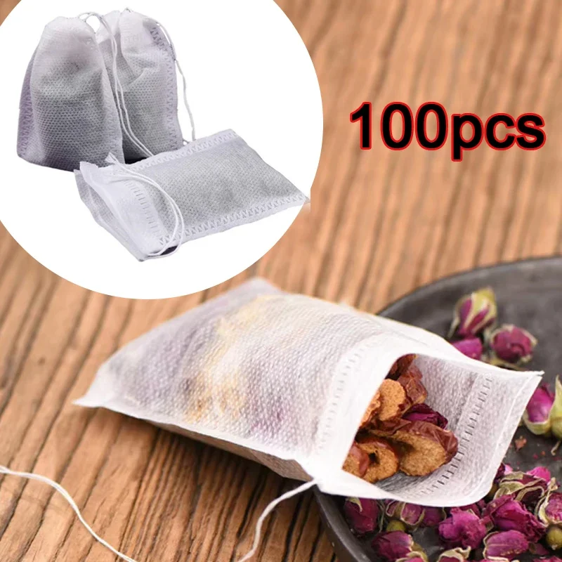 100 Stück Einweg-Teebeutel aus Vliesstoff, Teefilterbeutel für Gewürztee-Ei mit Kordelzug, Filterpapier für Kräuter, loser Tee