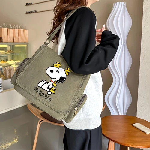 Imagen 2 del producto Lindo bolso de hombro de lona Snoopy & Woodstock para mujer, elegante bolso de mensajero verde oliva, bolso cruzado de dibujos animados