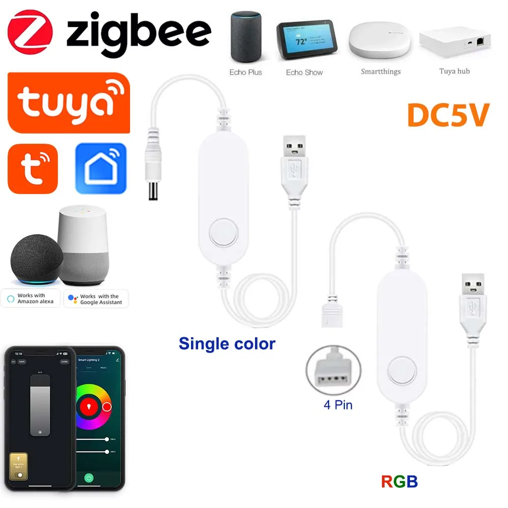 

USB Zigbee3.0 RGB LED Strip Dimming Controller DC5V 5050 LED Light Color Adjust Timer Voice Control for Alexa Google Smartthings