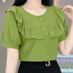 Summer New Thin Chiffon Blouses Korean Commute Patchwork Loose Ruffles Button Crew Neck Short Sleeve Solid Pullover Women Shirts