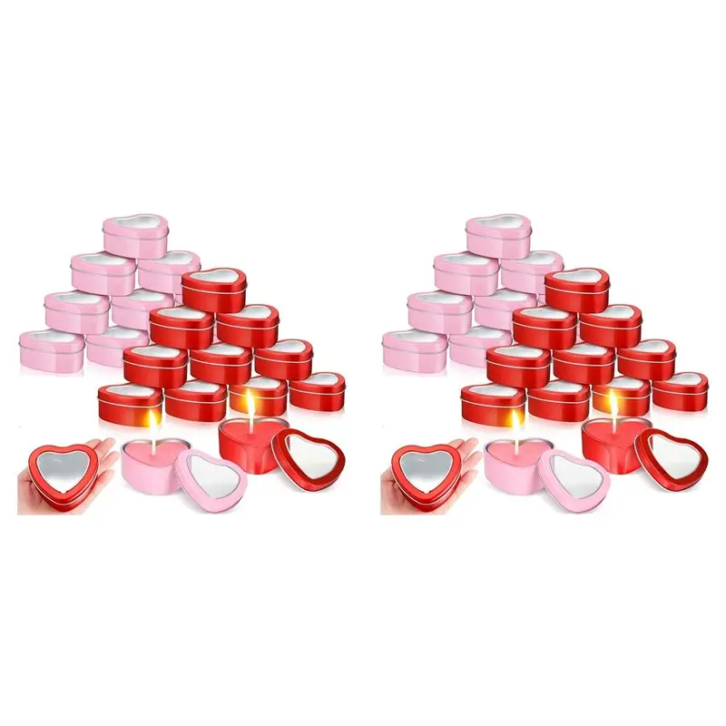 

2025 Trend 48Pcs 4Oz Heart Shaped Metal Tins, Empty Tea Light Mold Heart Shaped Box With Clear Window Lids Tin Candle Containers