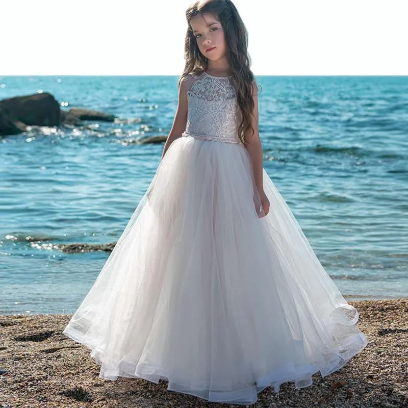 

Girl Dress Wedding 2023 Lace Tulle Backless Flower Girl Dresses Vintage Junior Bridesmaid Ball Gown First Communion