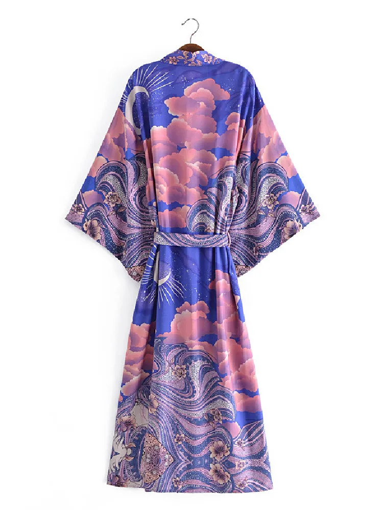 2021 Bohemian Women Blue Space Moon Flower Print Kimono Shirt BOHO Beach Tide Bow Sashes Maxi Long Cardigan Blouse Holiday Tops