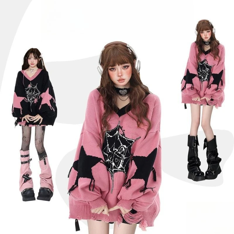 

Subculture Y2k милый свитер с v-образным вырезом, женский осенне-зимний свободный свитер в стиле Харадзюку, эстетический вязаный пуловер в стиле гранж, женский новый