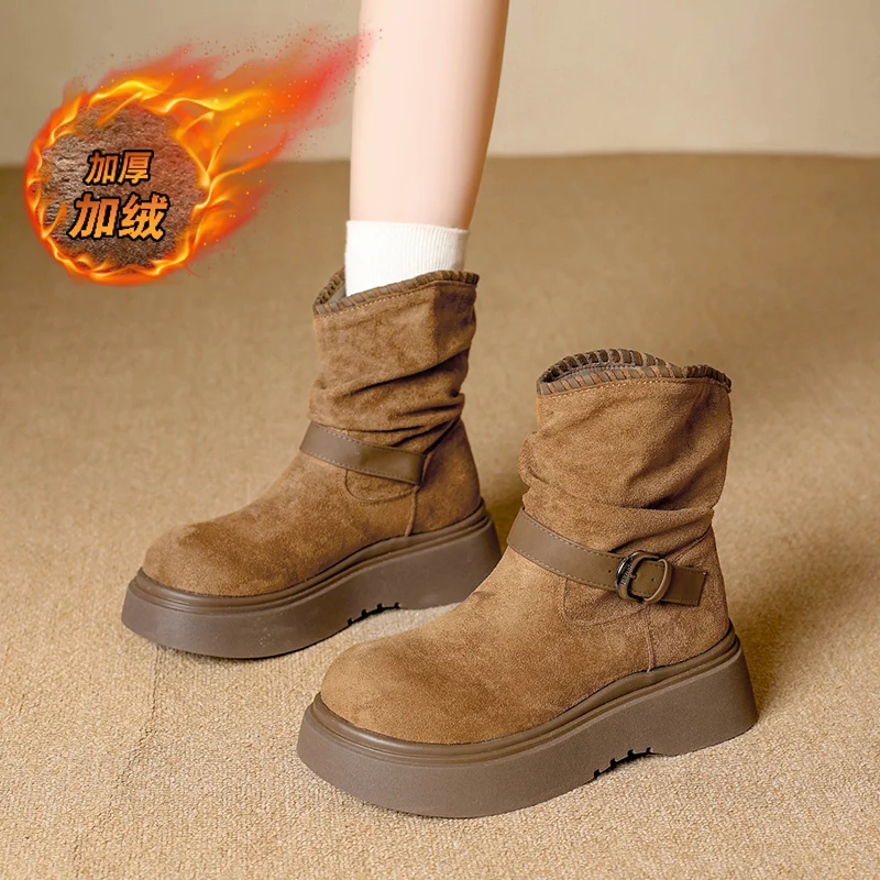 

CRLAYDK женские зимние короткие ботинки, зимние ботильоны, теплые ботинки без шнуровки с меховой подкладкой и пряжкой, замшевые непромокаемые прогулочные туфли на платформе