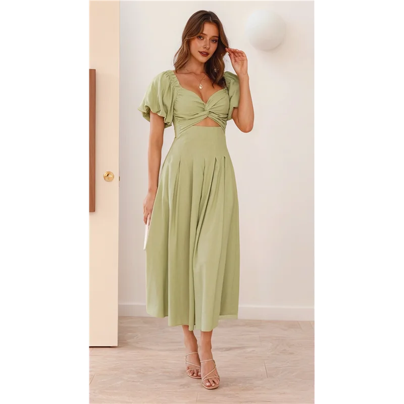 ASDS-Vestido largo bohemio de verano para mujer con cuello en V, lindo vestido largo acampanado de manga corta con bolsillo