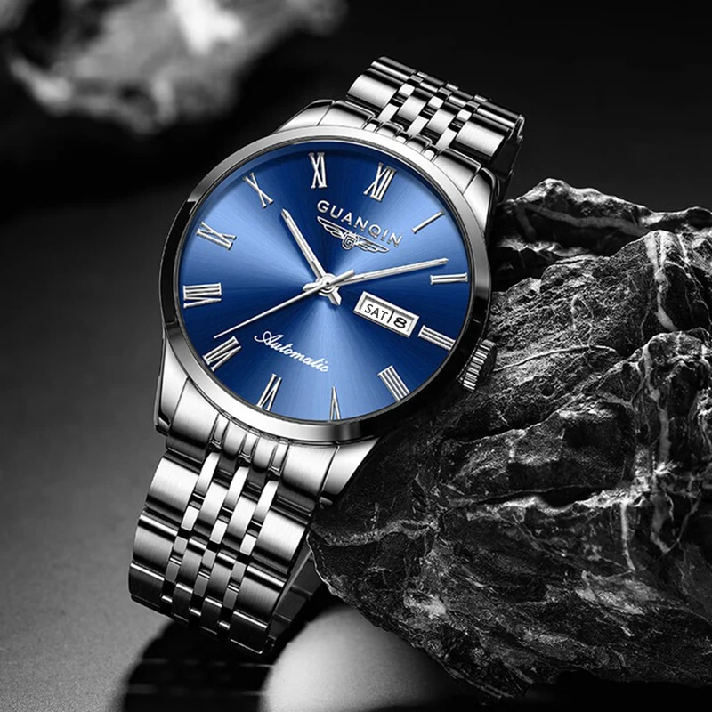 GUANQIN Роскошные мужские часы, оригинальные автоматические механические часы из нержавеющей стали с датой недели, деловые водонепроницаемые часы для отдыха для мужчин
