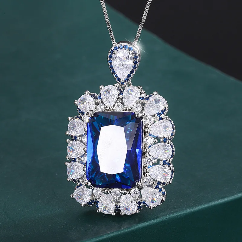 Jewelry Gold-Plated European and American Fashion Gemstone Color-Block Square 13*18 Pendant Necklace