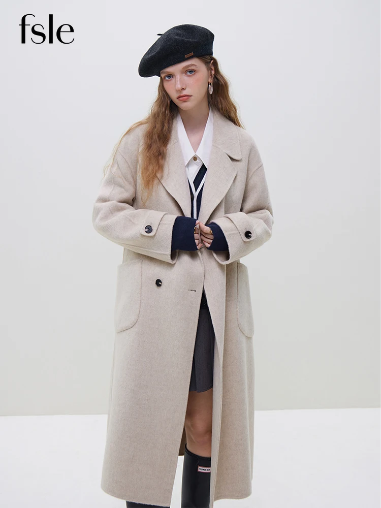 FSLE 100% Wool Lapel Collar Notched Collar Long Woolen Coat Double Breasted Drop Sleeve Women Temperament Grey Mid-Length Jacket