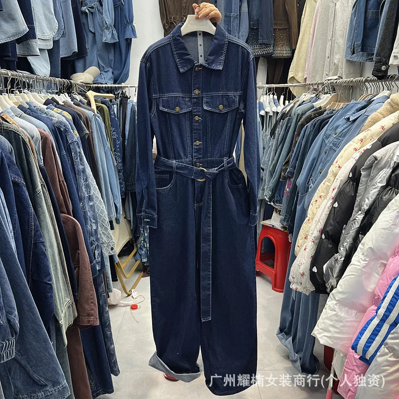 Fashionable Spring Autumn Women Workwear Denim Overalls Loose Jeans Turn-down Collar Single-breasted Long Sleeve Denim Jumpsuits