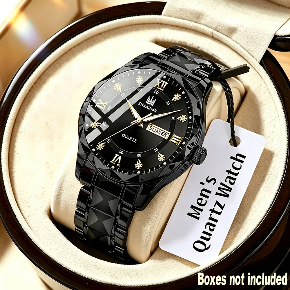 4pcs Men's Quartz Watch with Fashionable Stainless Steel Band Watch + Bracelet + Ring + Necklace Set Calendar Display