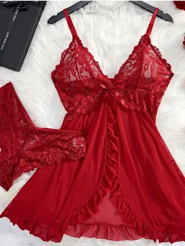 Summer Sexy Lingerie Dress Women Lace See Through Nightdress Sleepwear Solid Slim Soft V Neck Full Slip Sleepwear & Dresses