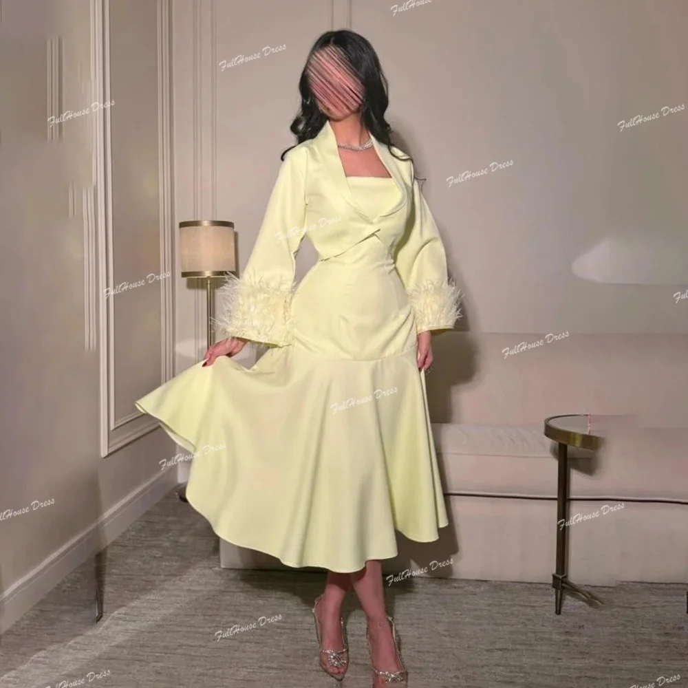 

Custom Made Modest Bridal Boat Collar Satin Pleated Evening Dress Feathers Tea-Length Draped Saudi Dress with Jackets