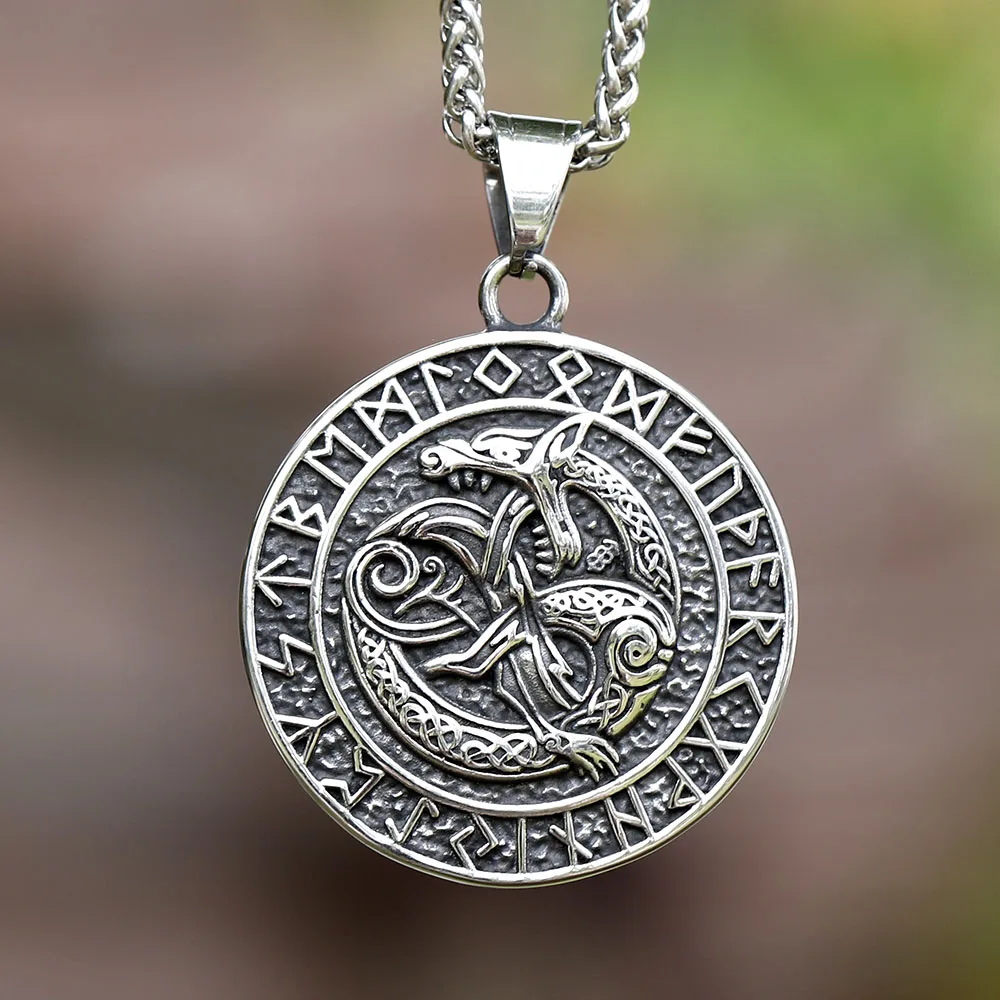 2024 New Style Stainless Steel Viking Double Wolf Pendant Viking Runes Amulet The Helm Of Awe Jewelry For Men Wholesale