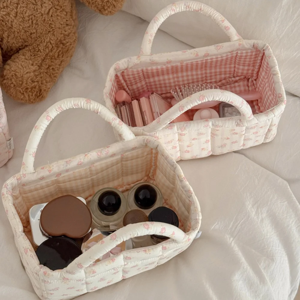 Rose Series Small Quilted Foldable Storage Basket for Miscellaneous Items and Desktop Organization