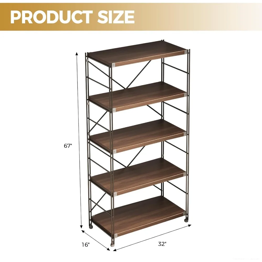 Промышленная 5-уровневая книжная полка, современный металл и дерево, прочный стеллаж для хранения офиса, гостиной, спальни и кабинета, открытый S