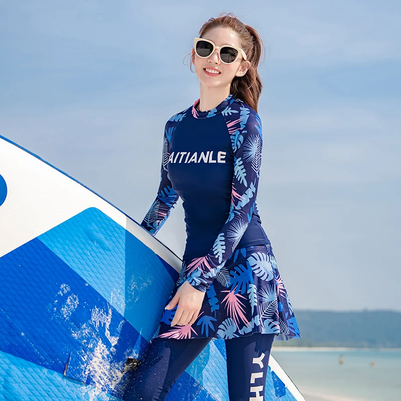 wisuwore 2023 Newest Women Swimming Suit Long Sleeves Long Pants Surfing Suit Print Rashguards 3 Pieces Summer Beach Wear