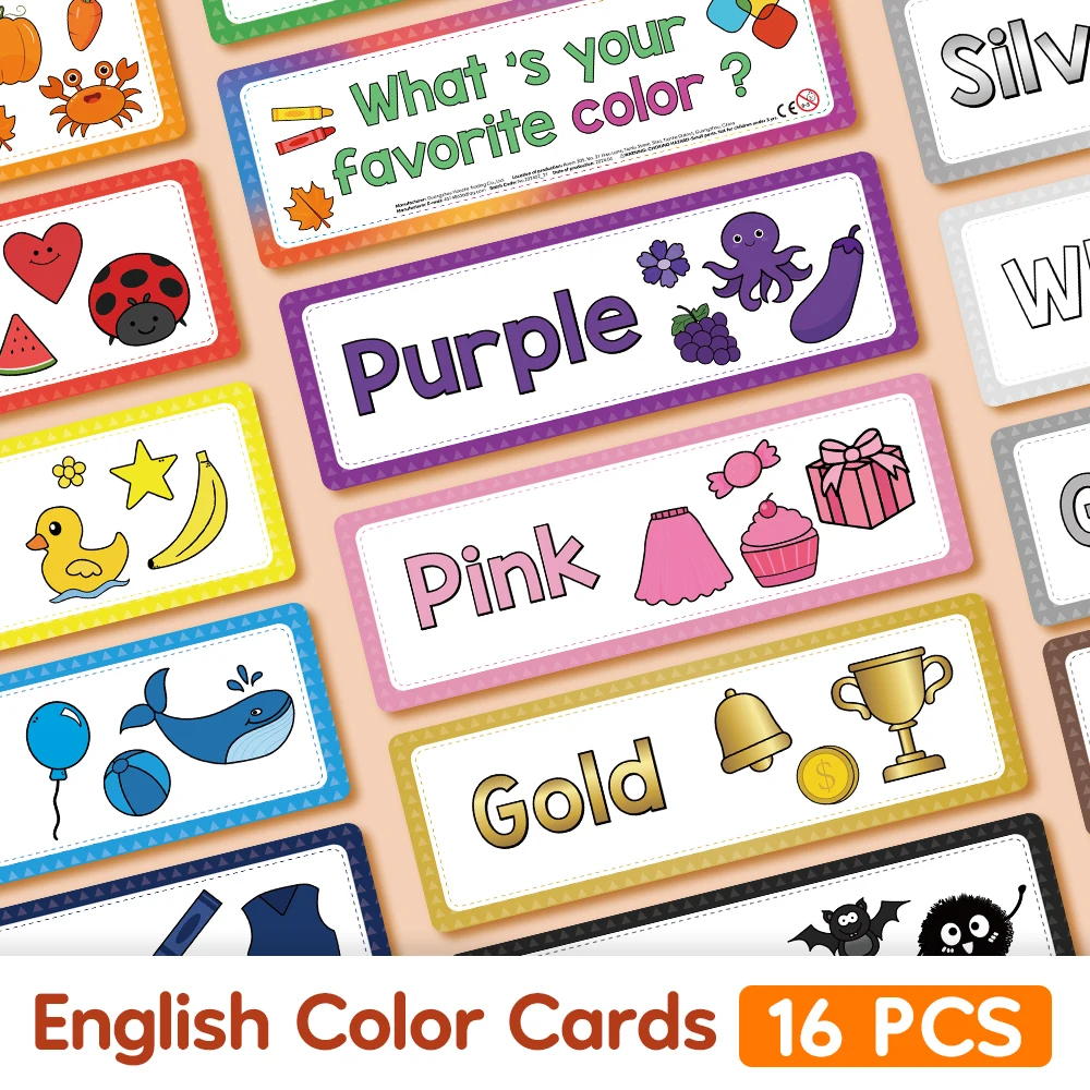 16Pcs Color Vocabulary Educational Posters for Kids Homeschool English Flashcards Teaching Aids Classroom Bulletin Board Headers