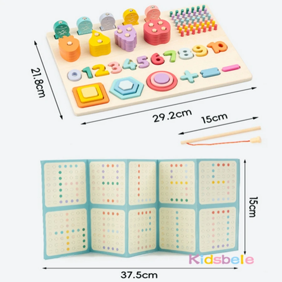 Montessori forma de madeira número correspondência bloco de construção brinquedos 5 em 1 cor fruta cognição brinquedo de pesca habilidade motora fina jogo de tabuleiro