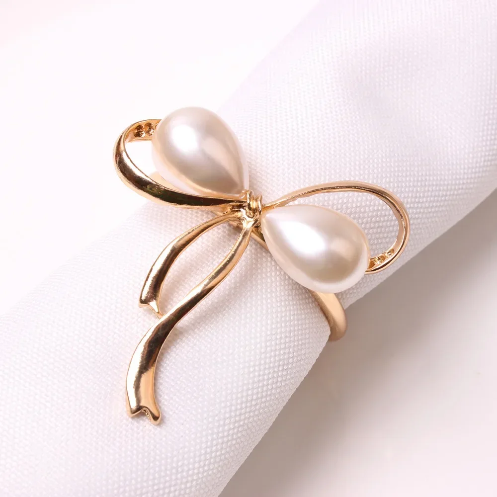 

6PCS Golden Pearl Bow Napkin Button Zinc Alloy Mouth Ring Napkin Ring Hotel Model Room Hotel Table Set Tableware Decoration