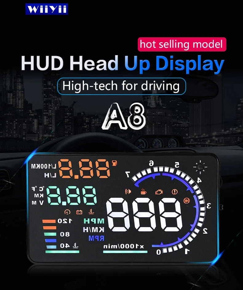 OBD2 HUD Car Head Up Display Large screen display A8 Windscreen Projector Scanner Speed Warning Fuel Alarm Data Diagnostic