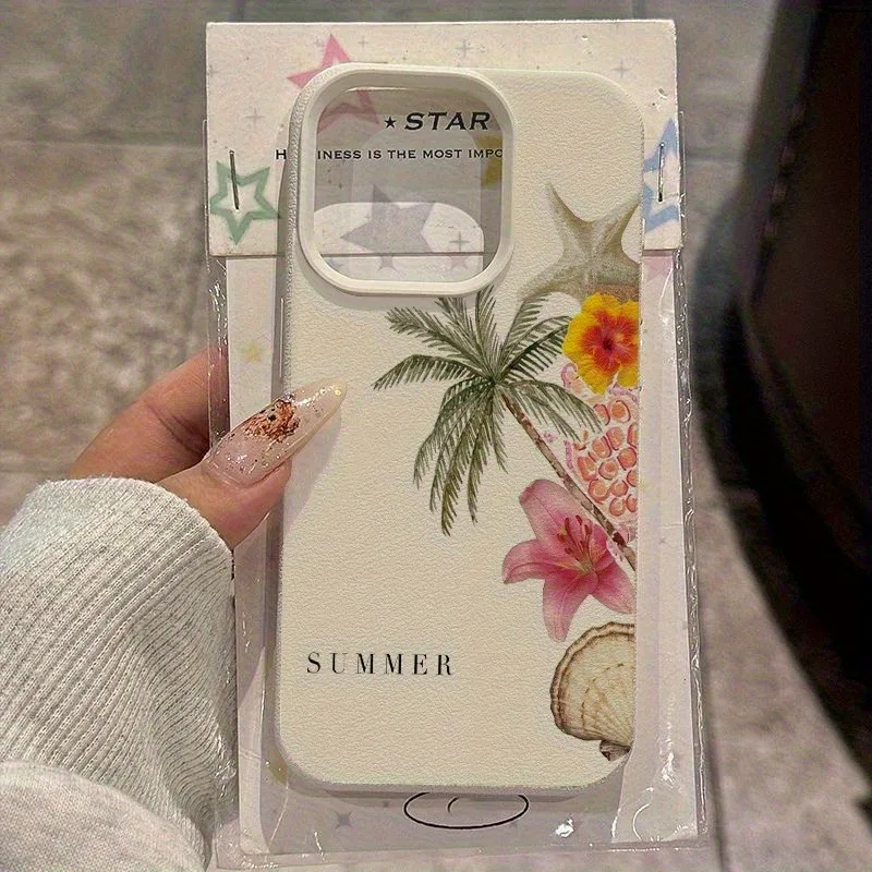 Capa de Celular com Estampa de Lichia e Desenhos Florais de Coqueiro e Estrela-do-mar para iPhone 17 16 15 14 13 12 11 Plus Pro Max