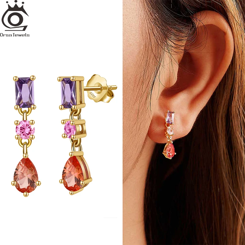

ORSA JEWELS 20mm Genuine 925 Sterling Silver Dangle Earrings with Colorful 5A Cubic Zirconia for Women Drop Ear Jewelry EQE122