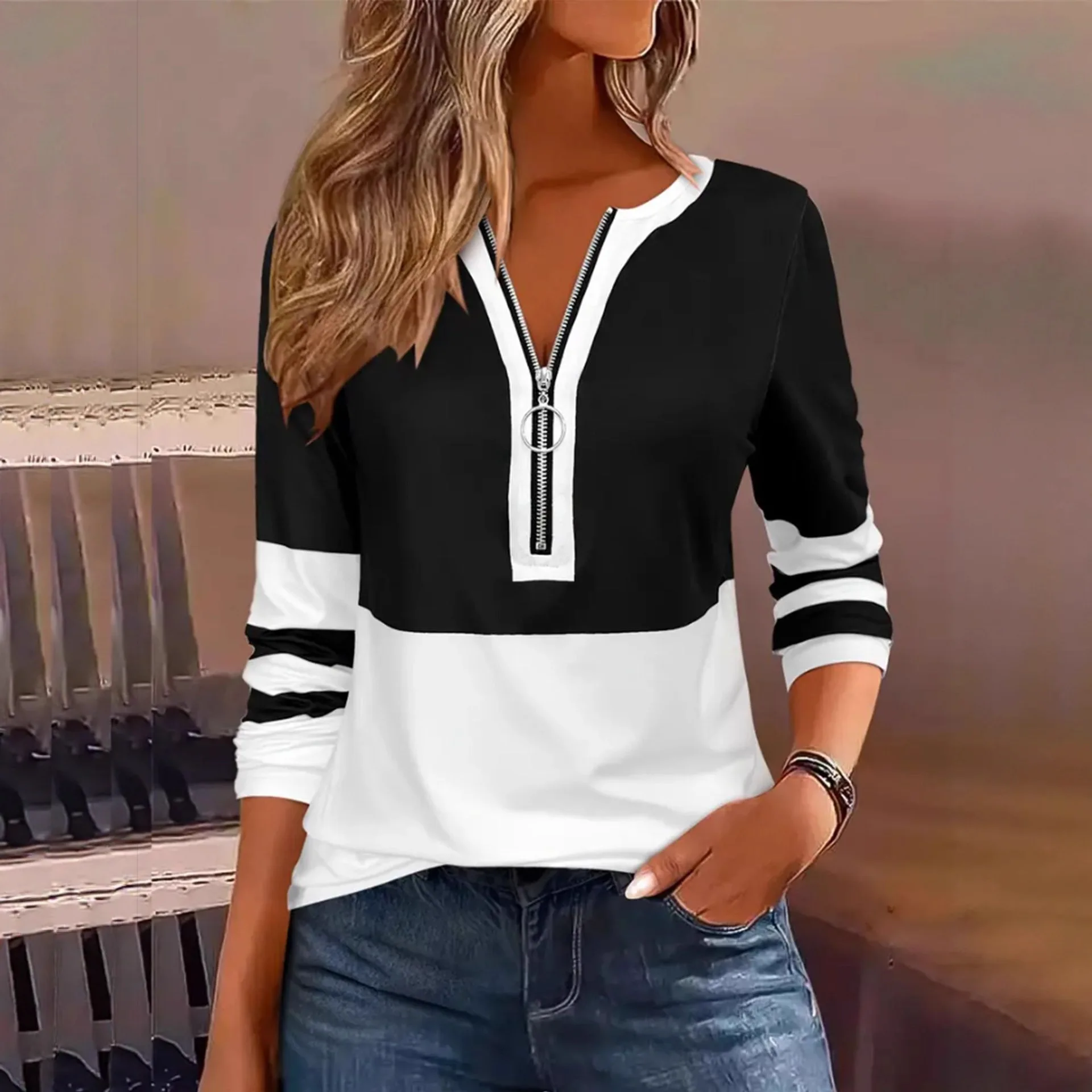2025 Autumn Winter T Shirt Fashion Women Black White Contrast Color Tops Casual Long Sleeve Zipper V-Neck Loose Sport Sweatshirt