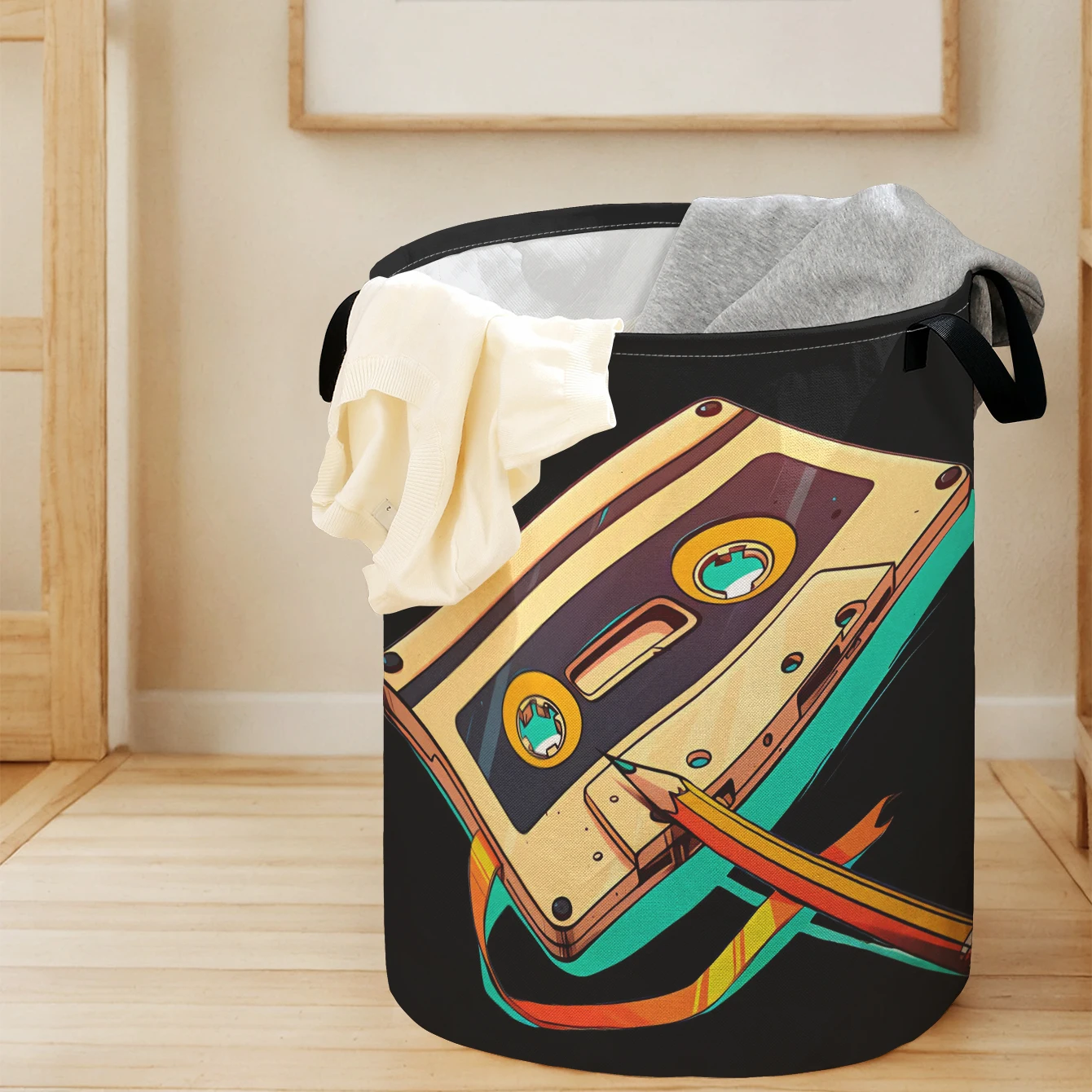 Retro Cassette Tape Print Foldable Large-Capacity Storage Basket, for Kids' Toys and Clothes, Home & Bathroom Use