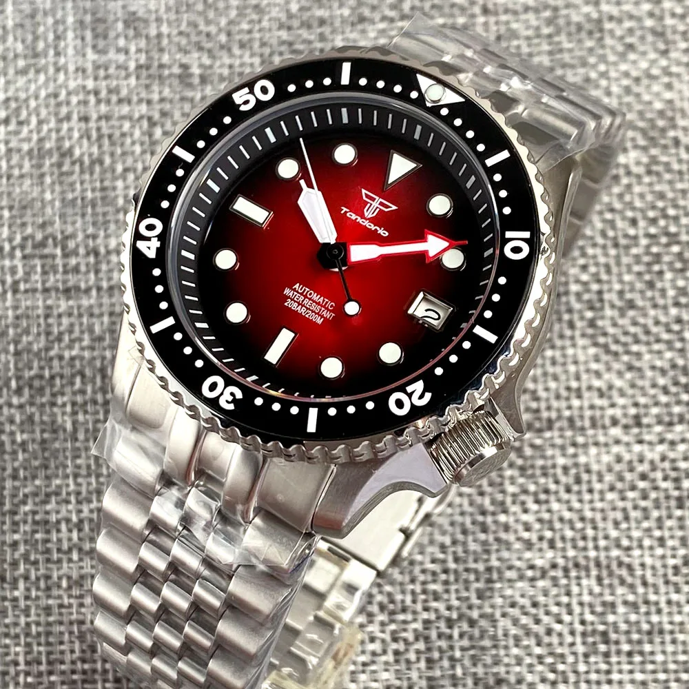 Tandorio NH35A Movt 3.8 Crown Mechanical Automatic Men Watch Sunburst Red 20bar Wristwatch 120clicks Bezel Steel Bracelet